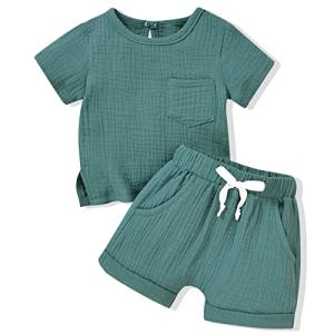 ASTRILL 12-18 Months Infant Baby Boys Girls Clothes Linen 2Pcs Summer Outfits Short Sleeve T-Shirt Tops Solid Shorts Sets Gender Neutral Clothes Blue Green from 