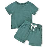ASTRILL 12-18 Months Infant Baby Boys Girls Clothes Linen 2Pcs Summer Outfits Short Sleeve T-Shirt Tops Solid Shorts Sets Gender Neutral Clothes Blue Green from 