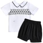 Booulfi Boy Baptism Christening Outfit Baby Boys Wedding Linen Outfit Newborn Infant Church Outfits Summer Short Sleeve Black Smocked Baby Boy Clothes 12-18 Months from Booulfi