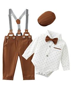 Baby Boy Clothes 0-18M Infant Tuxedo Long Sleeve Gentleman Outfits + Suspender Pants + Bowtie + Beret Hat Baby Boy Suit Set White by 