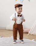 Baby Boy Clothes 0-18M Infant Tuxedo Long Sleeve Gentleman Outfits + Suspender Pants + Bowtie + Beret Hat Baby Boy Suit Set White by 