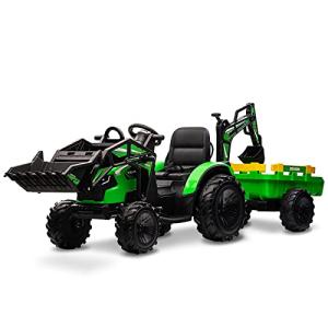 Hetoy 3 in 1 Ride on Tractor, Excavator & Bulldozer, 24V Electric Vehicle w/Trailer, Shovel Bucket, Digger, Remote Control, EVA Tires, LED Lights, Music, USB & Bluetooth, Kids Ride on Car Toy, Green from Hetoy