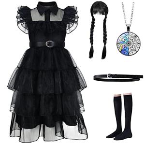 Wednesday Addams Costume Girls Dress, for Kids Addams Family Costumes Halloween Cosplay Outfit Party Dress With Wig,Necklace,Belt and Socks 6-7T (130cm) by 