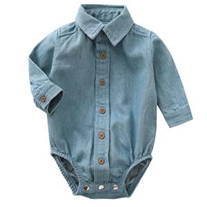 MOMOLAND Infant Baby Boys Woven Denim Button Up Bodysuit Romper Shirt (6-9 Months, Denim 265) from 