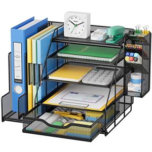 VIVSOL Desk Organizer and Accessories Storage with 5-Tier Paper Letter Tray, Mesh Desktop Organizer and Storage with Pen Holder and Sliding Drawers for Office, School, Home to Collect Office Supplies from VIVSOL