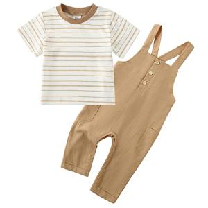 ZOEREA Baby Boy Clothes 2Pcs Toddler Boy Striped Short Sleeve T-Shirt + Overalls Pants Set 6M-3T Baby Boy Outfits Khaki by 