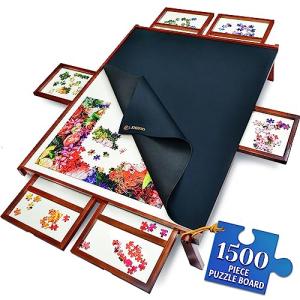 1500 Piece Jigsaw Puzzle Board - Wooden Jigsaw Puzzle Table for Adults with Adjustable Legs, 6 Drawers, and Rubber Cover - Portable Jigsaw Puzzle Board with Sorter Drawers Tray for Easy Puzzle Storage by JIGSOO