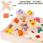 Agirlgle Wooden Rainbow Building Blocks Cube Gem Stacking Blocks Toy - Colorful Montessori Rainbow Stacker Toy Elegant Wood Rainbow Cube Blocks- Acrylic Blocks Educational Toys for Toddlers- 80Pcs from Agirlgle