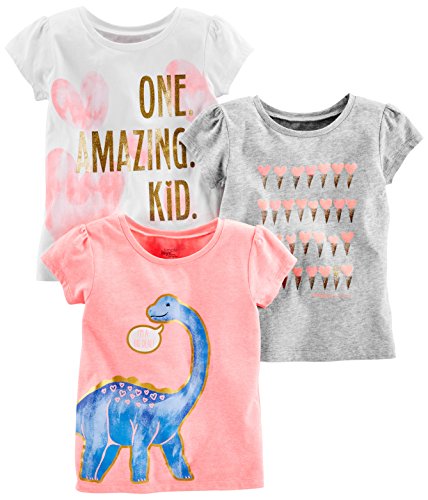 Simple Joys by Carter's Baby Girls' Toddler 3-Pack Graphic Tees, Pink Dino, Gray, White Heart, 2T by Carter's Simple Joys - Private Label