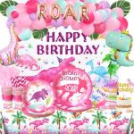 199 Pcs Dinosaur Party Supplies Girl, Hombae Pink Dinosaur Birthday Decorations Backdrop Balloon Garland Artificial Leaves Tablecloth Cake Topper Plate Napkin Cup Straw Knife Spoon Fork Pink by Hombae Ltd.