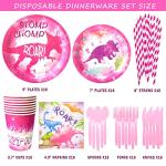 199 Pcs Dinosaur Party Supplies Girl, Hombae Pink Dinosaur Birthday Decorations Backdrop Balloon Garland Artificial Leaves Tablecloth Cake Topper Plate Napkin Cup Straw Knife Spoon Fork Pink by Hombae Ltd.
