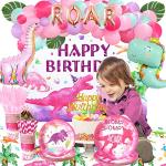 199 Pcs Dinosaur Party Supplies Girl, Hombae Pink Dinosaur Birthday Decorations Backdrop Balloon Garland Artificial Leaves Tablecloth Cake Topper Plate Napkin Cup Straw Knife Spoon Fork Pink by Hombae Ltd.