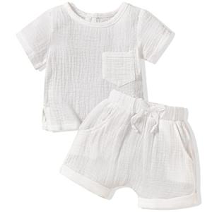 ASTRILL Newborn Baby Boys Girls Clothes Linen 2Pcs Summer Outfits Short Sleeve T-Shirt Tops Solid Shorts Sets Gender Neutral Clothes White from 
