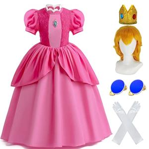 Girls Princess Peach Costume Kids Super Brothers Princess Peach Dress with Wig Crown Earrings Gloves Halloween Costumes Cosplay Party Birthday Outfit MS049S from 