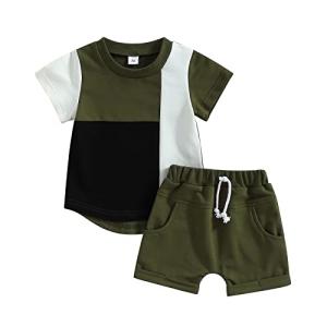 Toddler Baby Boy Summer Clothes Short Sleeve Contrast Color T Shirt Top with Pocket Shorts Newborn 2Pcs Outfits Set (Green, 12-18 Months) by Sduydiosy