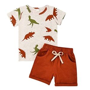 Bekarsy 18 to 24 Month Boy Clothes Summer Outfits Toddler Boy Dinosaur Short Sleeve T-Shirt & Shorts Clothing Set, Brown Dinosaur Set 18-24M/80cm by 