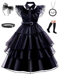 RYANZEH Wednesday Addams Dress Girls - Halloween Costumes for Kids Aged 4-12 Years - Hair Accessory, Black Belt, Necklace and Socks Included by RYANZEH