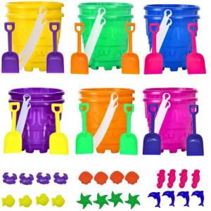 12 Sets Beach Toys - Includes 12 Sand Buckets, 12 Shovels, 24 Sand Molds for Kids - Small 5.75" Beach Buckets Bulk for Summer Party Favors, End of Year Student Gifts from 4E's Novelty