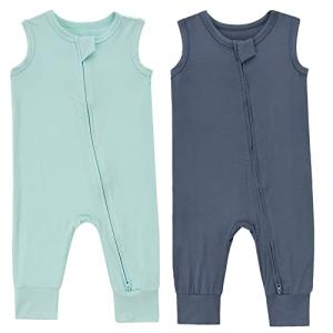 Baby Sleeveless Romper Bamboo 2-Way Zipper 2pcs Toddler Summer Jumpsuit Outfits Infant Footless Pajamas Onesie(Mint & Moonlight Blue, 0-3m) by 