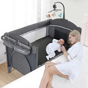 Jaoul Baby Bassinet Bedside Sleeper Baby Crib, Pack and Play with Bassinet and Changing Table, Portable Travel Baby Playpen with Bassinet Toys & Music Box, Mattress for Girl Boy Infant Newborn Gray from Jaoul