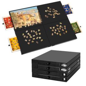 Foldable 1000 Piece Wooden Jigsaw Puzzle Board | 30â X 24â Portable Puzzle Table | Patent Pending | 4 Colorful Trays for Sorting | Complete Puzzle Accessories for Adults and Kids - Black by Hula Home