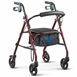 JSYUAN Steel Rollator Walker, Folding Rolling Walker, 6" Wheels, 350lb Weight Capacity, Burgundy Red Frame from JSYUAN