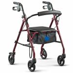 JSYUAN Steel Rollator Walker, Folding Rolling Walker, 6" Wheels, 350lb Weight Capacity, Burgundy Red Frame from JSYUAN