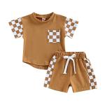 Ehfomius Baby Boy Summer Clothes Color Block Short Sleeve T-Shirt Checkerboard Elastic Waist Shorts Set 2Pcs Casual Outfit (C-Brown, 6-12 Months) by 