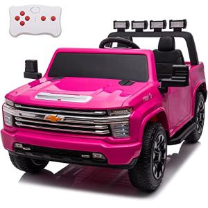 sopbost 2023 Licensed Chevrolet Silverado HD Pickup 2 Seater Ride On Car 24V 4WD Kids Electric Pickup Truck with Parental Remote, Music Play, EVA Tires, Hot Pink from sopbost