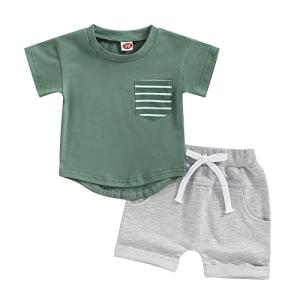 Toddler Baby Boy Clothes Set Short Sleeve Crew Neck Stripes T Shirt Tops with Elastic Waist Shorts Cute Summer Outfit (Green, 18-24 Months) from allshope