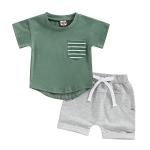 Toddler Baby Boy Clothes Set Short Sleeve Crew Neck Stripes T Shirt Tops with Elastic Waist Shorts Cute Summer Outfit (Green, 18-24 Months) from allshope