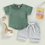Toddler Baby Boy Clothes Set Short Sleeve Crew Neck Stripes T Shirt Tops with Elastic Waist Shorts Cute Summer Outfit (Green, 18-24 Months) from allshope