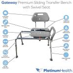Gateway Premium Sliding Shower Chair Bath Transfer Bench with Swivel Padded Bath Tub Seat for Tubs and Shower, For Handicap & Seniors Mobility & Daily Living, Gray from Platinum Health