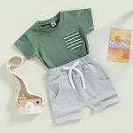 Toddler Baby Boy Clothes Set Short Sleeve Crew Neck Stripes T Shirt Tops with Elastic Waist Shorts Cute Summer Outfit (Green, 18-24 Months) from allshope