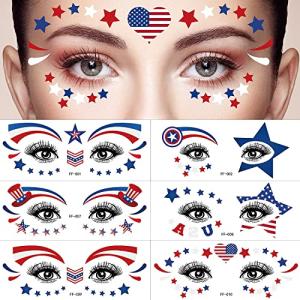 4th of July Temporary Tattoos,Face Eye Tattoo Stickers, American Flag Red White Blue Design Face Body Art Decorations, Patriotic Theme Party Decor Supplies for Adult Kids,10 Sheets from HAIMITI