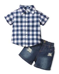 Yhnslsf 18 Months Boy Clothes Summer 18-24 Months Boy Outfits Plaid Blue Short Sleeve Shirt Denim Shorts Set Baby Boy Clothes 18-24 Months by 