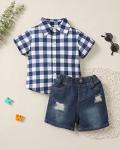 Yhnslsf 18 Months Boy Clothes Summer 18-24 Months Boy Outfits Plaid Blue Short Sleeve Shirt Denim Shorts Set Baby Boy Clothes 18-24 Months by 