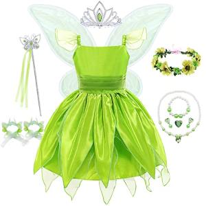 Green Fairy Princess Dresses for Girls Clothes Costume Kids Tinker bell Cosplay Set Flower Fairy Carnival Halloween Birthday Party Princess Dress Up Clothes for Girls with Wing and Accessories,5-6T from AUNC