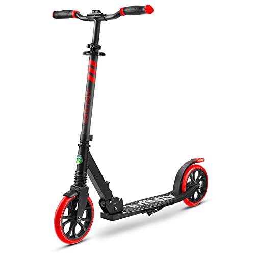 Folding Kick Scooter for Adults and Kids â Boys and Girls Freestyle Scooter with Big Wheels, 1-Kick Open Mechanism, Anti-Slip Rubber Deck and LED Light â Folding Grips Handlebar Adjusts to 3 Heights by SereneLife