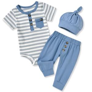 Aalizzwell Preemie Baby Boys Summer Clothes Premature Short Sleeve Striped Outfit Spring Clothing Gray Blue from 