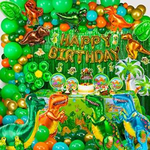 HJINGY 353 PCS Dinosaur Party Decorations, Dinosaur Birthday Party Supplies for kids Include Dinosaur Foil Balloons, HAPPY BIRTHDAY Banner, Cake Toppers, Plates,Napkins, Curtains&Customized Tablecloth from HJINGY