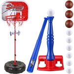 Baseball and Basketball Training Set for Kids Include 5.6 ft Basket Hoop 20.5'' Baseball Stand 23.2'' Foam Baseball Bat 9 Balls 1 Pump and Carry Bag Adjustable Height Outdoor Sport Toy Games Equipment by Libima