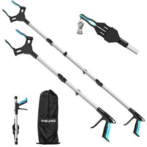 Reacher Grabber Tool Heavy Duty, 2-Pack 44" & 34" Extra Long Foldable Grabbers for Elderly with Upgraded Rotating Anti-Slip Jaw & 2 Drawstring Bags, Sturdy Reaching Assist Tool for Trash Pick Up, Aid by GISUNG