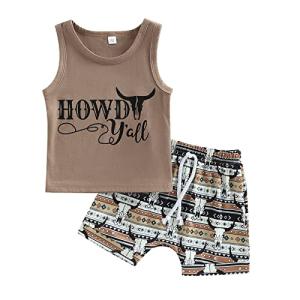 Dcohmch Toddler Baby Boy Western Clothes Cow Print Sleeveless Tank Tops Shorts Summer Outfit 0-3T (Coffee, 12-18 Months) by 