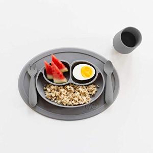 ezpz Mini Collection Set (Gray) - 100% Silicone Cup, Fork, Spoon & Mini Mat Suction Plate with Built-in Placemat for Infants + Toddlers - First Foods + Self-Feeding - 12 Months+ by 