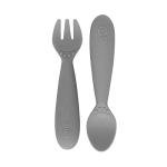 ezpz Mini Collection Set (Gray) - 100% Silicone Cup, Fork, Spoon & Mini Mat Suction Plate with Built-in Placemat for Infants + Toddlers - First Foods + Self-Feeding - 12 Months+ by 