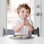 ezpz Mini Collection Set (Gray) - 100% Silicone Cup, Fork, Spoon & Mini Mat Suction Plate with Built-in Placemat for Infants + Toddlers - First Foods + Self-Feeding - 12 Months+ by 