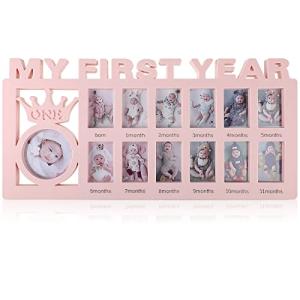 Newborn Baby Picture Frame My First Year Frame Baby Photo Frame 12 Month Baby Keepsake Frames Monthly Milestone Desktop Picture Frame for Photo Memories Baby 1st Birthday Mothers Day Gift (Pink) by 