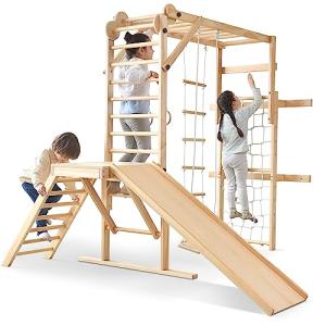 Avenlur Grove 9-in-1 Indoor Jungle Gym Playground: Montessori Waldorf Style Wood PlaySet for Kids, and Toddlers Features Monkey Bars, Rope Wall Net, Ladder, Climber, Slide, Ring Set. Ages 2-11yrs from Avenlur