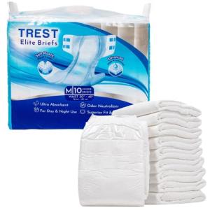 TREST Elite Briefs for Men and Women, Overnight Diapers for Incontinence, Elite Absorbency, Comfortable, Odor Neutralizing and Secure Fit with 2 Wide Tabs - White, Medium (Pack of 10) from TREST